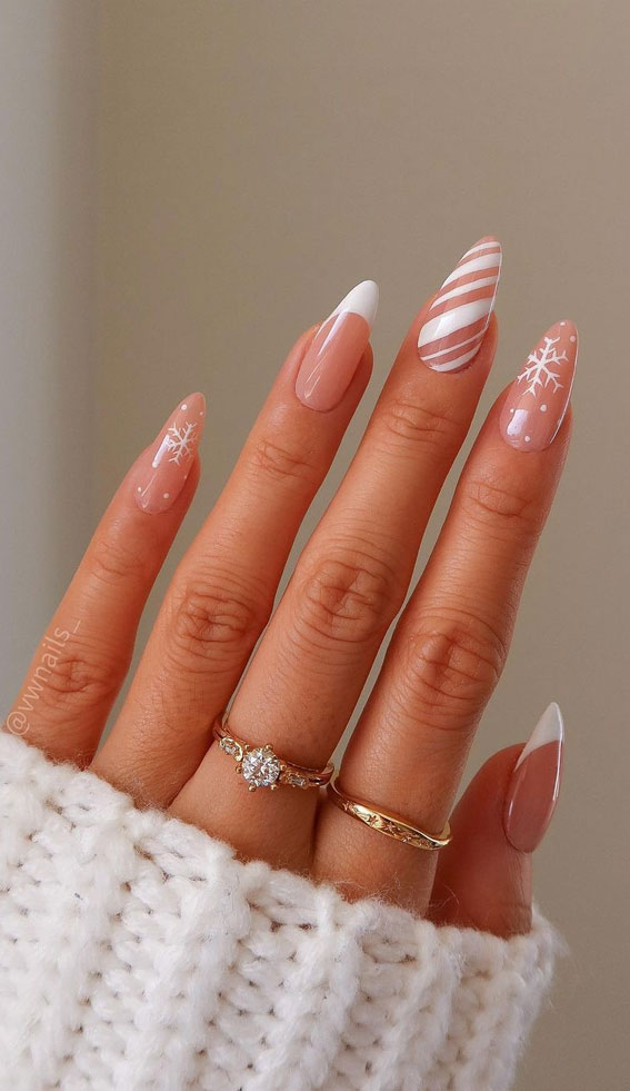 25 Pretty Holiday Nail Art Designs 2021 : Red and White Christmas Tip Nails