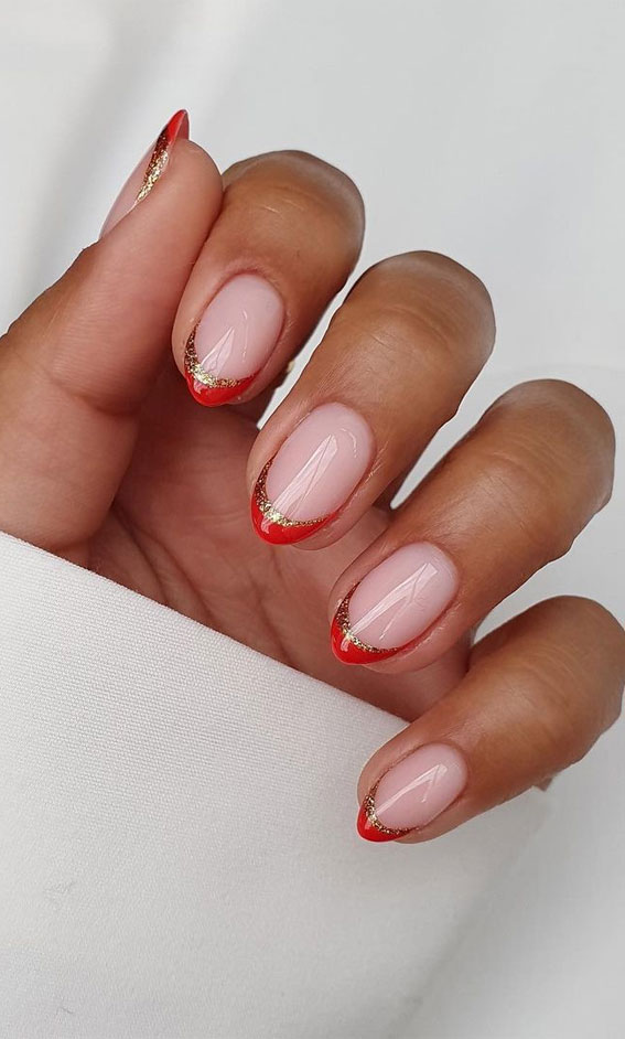 45 Beautiful Festive Nails To Merry The Season : Glitter & Red Tip Nails