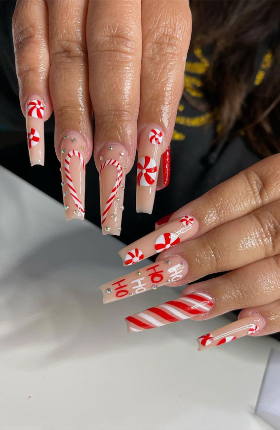 45 Beautiful Festive Nails To Merry The Season : Acrylic Candy Cane Nails