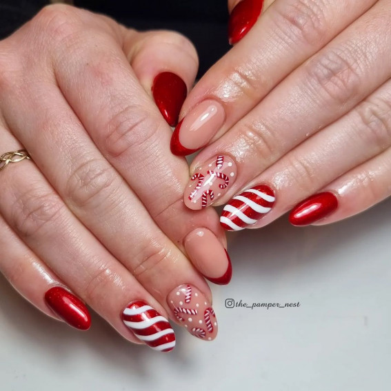 45 Beautiful Festive Nails To Merry The Season : Candy Canes + Red Nails