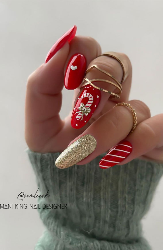 50+ Christmas & Holiday Nails For A Festive Look : Glitter + Candy Cane Red Nails