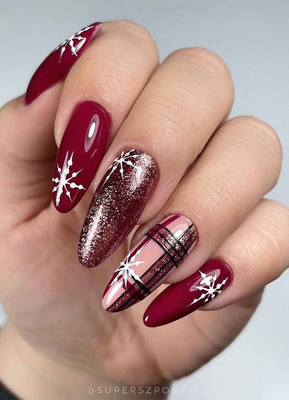 50+ Christmas & Holiday Nails For A Festive Look : Plaid + Burgundy Nails