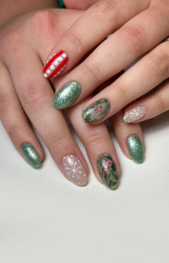 50+ Christmas & Holiday Nails For A Festive Look : Holly, Shimmery Green + Snowflake Nails