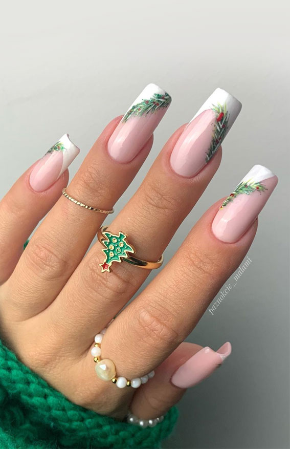 50+ Christmas & Holiday Nails For A Festive Look : Greenery White French Tip Nails