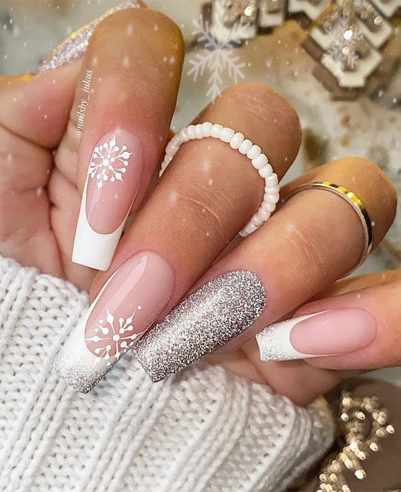 50+ Christmas & Holiday Nails For A Festive Look : Acrylic Silver + White  French Winter Nails
