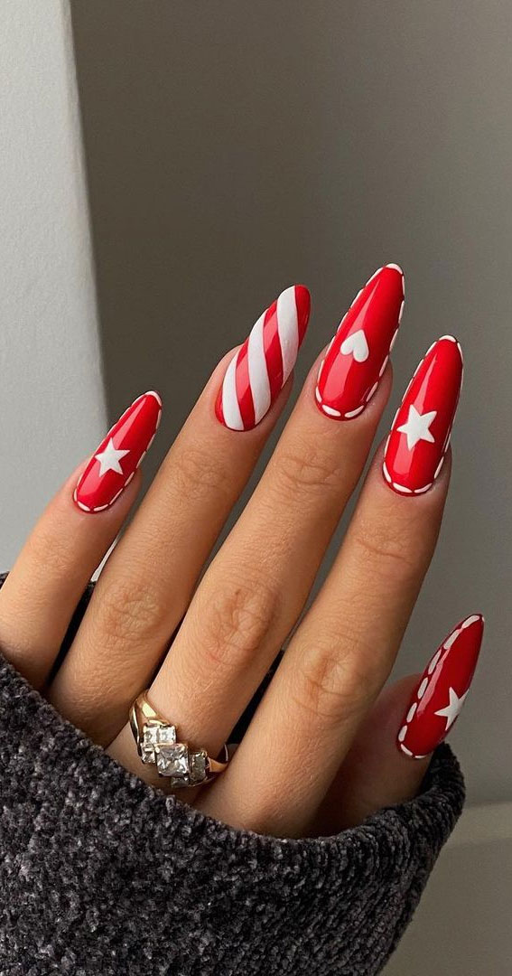 50+ Christmas & Holiday Nails For A Festive Look : White Heart Red Nails