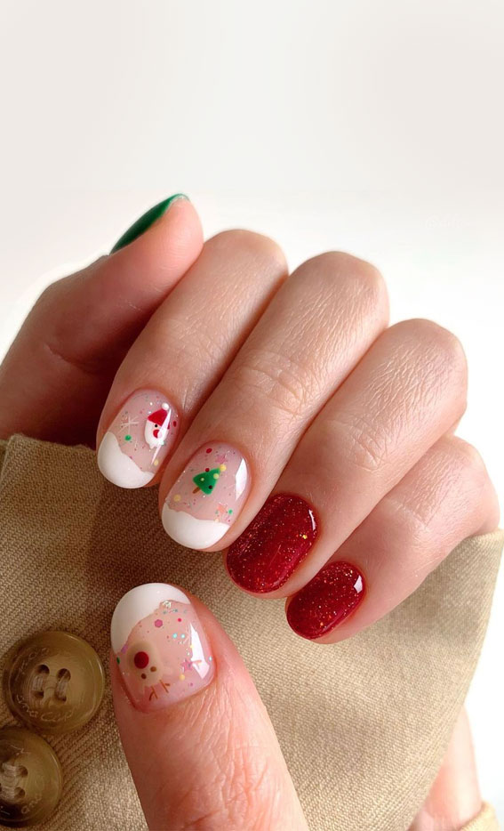 50+ Christmas & Holiday Nails For A Festive Look : Shimmery Red + Snow Tip Nails