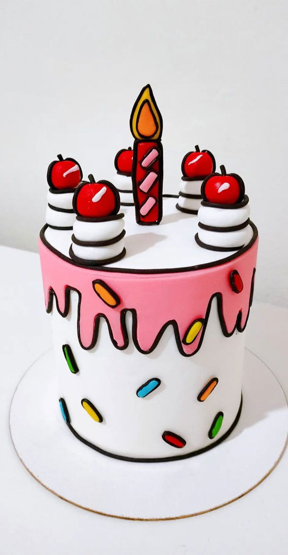 30+ Cute Comic Cakes For Cartoon Lovers : White Cake with Sprinkles + Pink  Drips