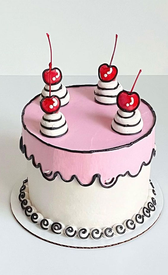 30+ Cute Comic Cakes For Cartoon Lovers : White and Pink Cake with Cherry  on Top