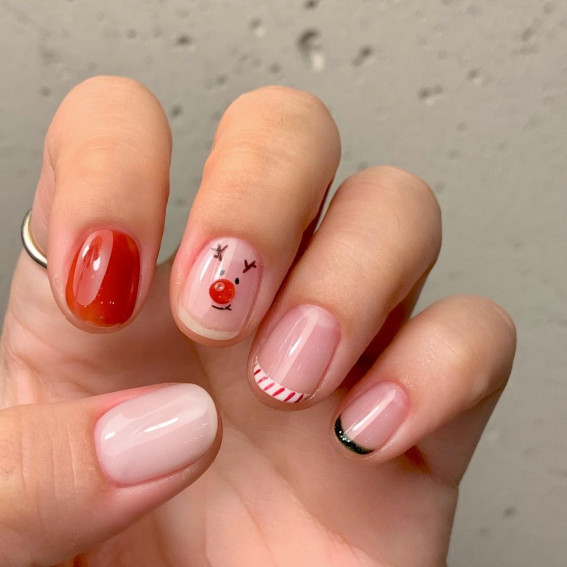 50+ Christmas & Holiday Nails For A Festive Look : Rudolph, Candy Cane Tip Nails