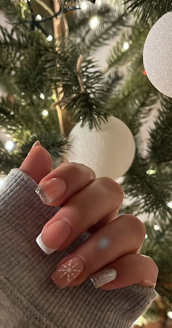 45 Beautiful Festive Nails To Merry The Season : Snowflake + Glitter & White Tips