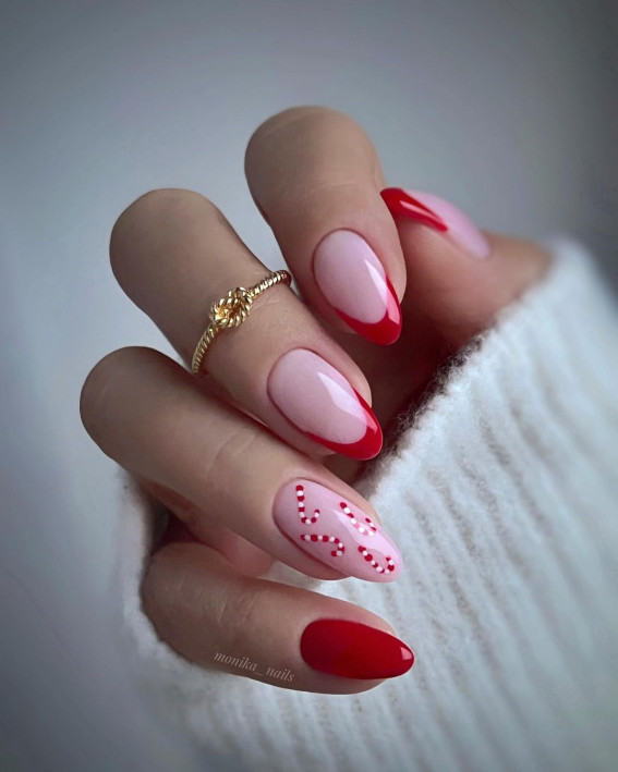 45 Beautiful Festive Nails To Merry The Season : Red French Tip + Candy Canes