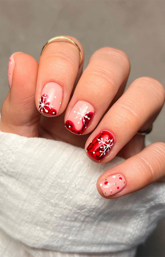 50+ Christmas & Holiday Nails For A Festive Look : Snowflake Red Short Nails