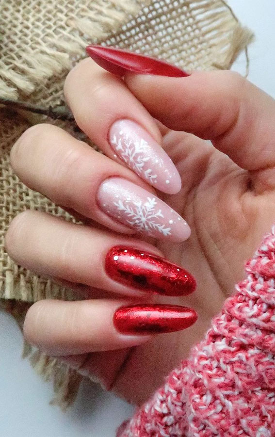 50+ Christmas & Holiday Nails For A Festive Look : Undone Red + Subtle Nails with Snowflake