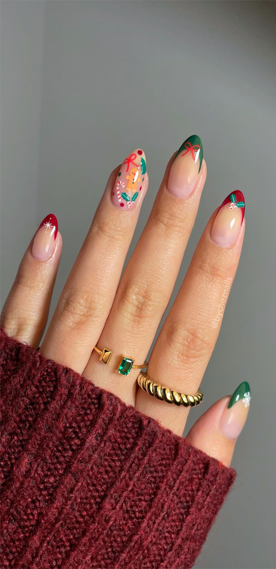 50+ Christmas & Holiday Nails For A Festive Look : Gingerbread, Candy Cane Red & Green Tips