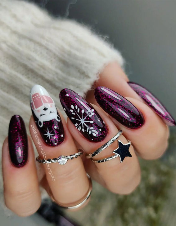 50+ Christmas & Holiday Nails For A Festive Look : Shimmery Plum Nails with Snowflake