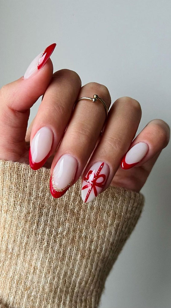 50+ Christmas & Holiday Nails For A Festive Look : Present + Red Tip with Glitter Gold Nails