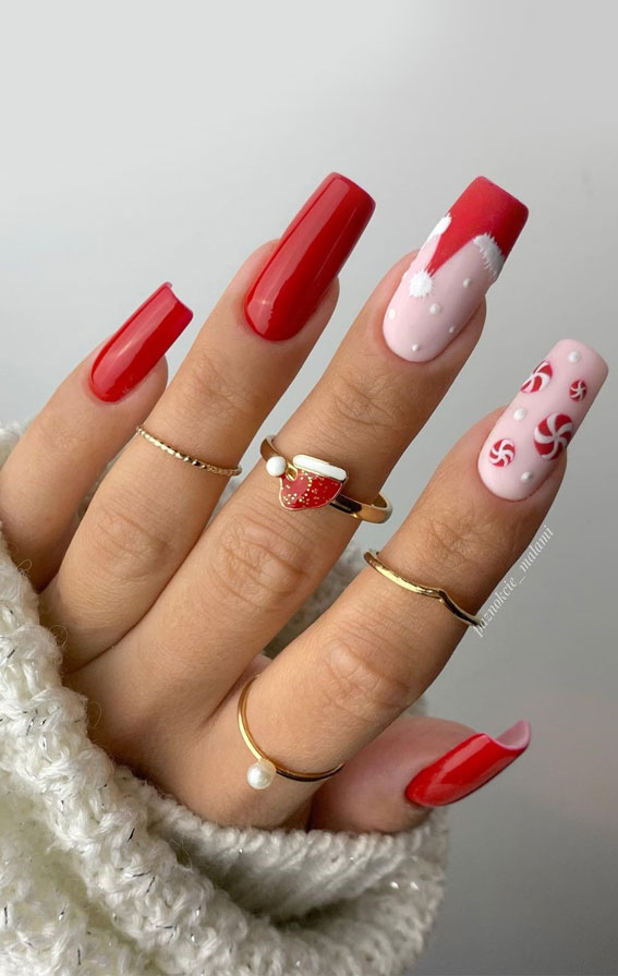 50+ Christmas & Holiday Nails For A Festive Look : Santa Hat + Peppermint Nails