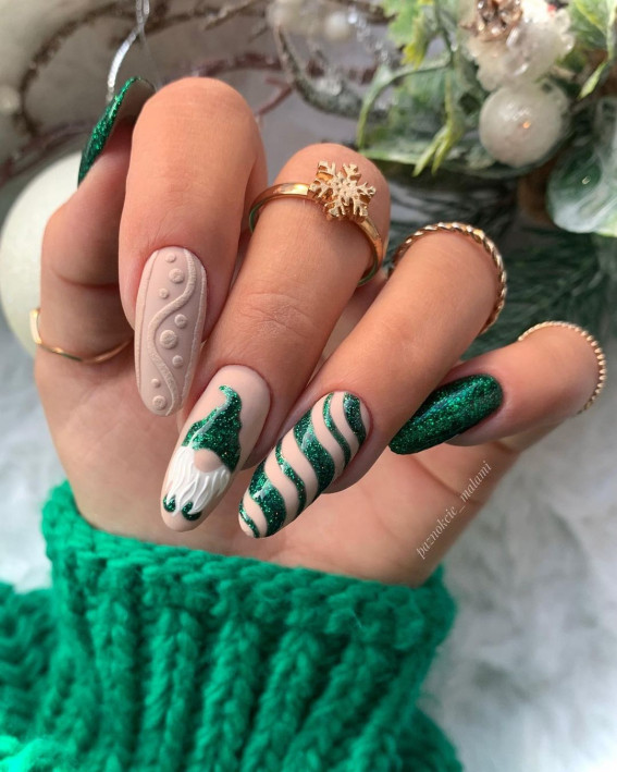 50+ Christmas & Holiday Nails For A Festive Look : Shimmery Green Candy Cane + Sweater Nails