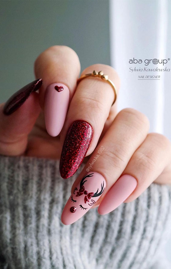 50+ Christmas & Holiday Nails For A Festive Look : Rudolph Pink + Shimmery Red Nails