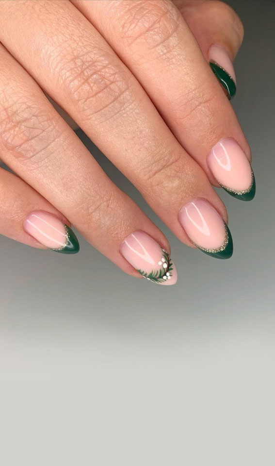 50+ Christmas & Holiday Nails For A Festive Look : Green + Snowdrop French Nails