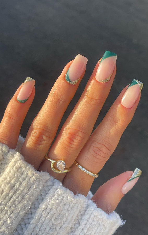 50+ Christmas & Holiday Nails For A Festive Look : Gold Glitter & Green Cuff + French Nails