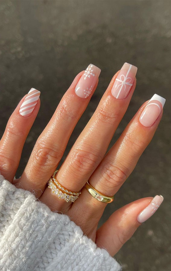 50+ Christmas & Holiday Nails For A Festive Look : White Candy Cane + Present Nails