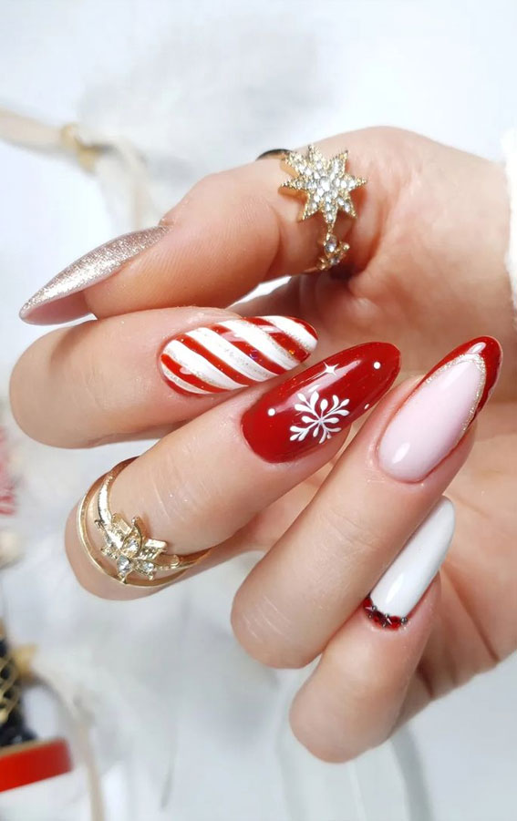 50+ Christmas & Holiday Nails For A Festive Look : Red French Tip + Candy Cane Nails