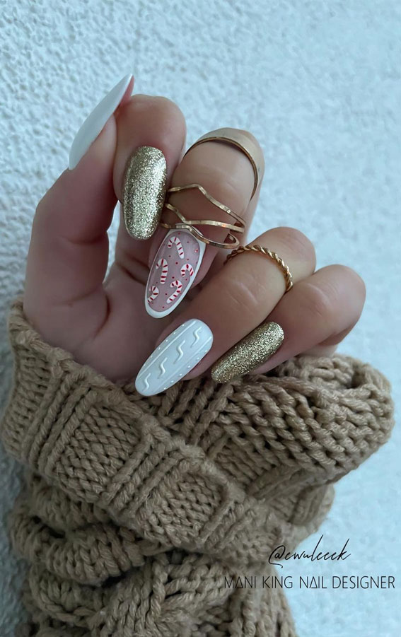 50+ Christmas & Holiday Nails For A Festive Look : White, Sweater + Candy Cane Nails