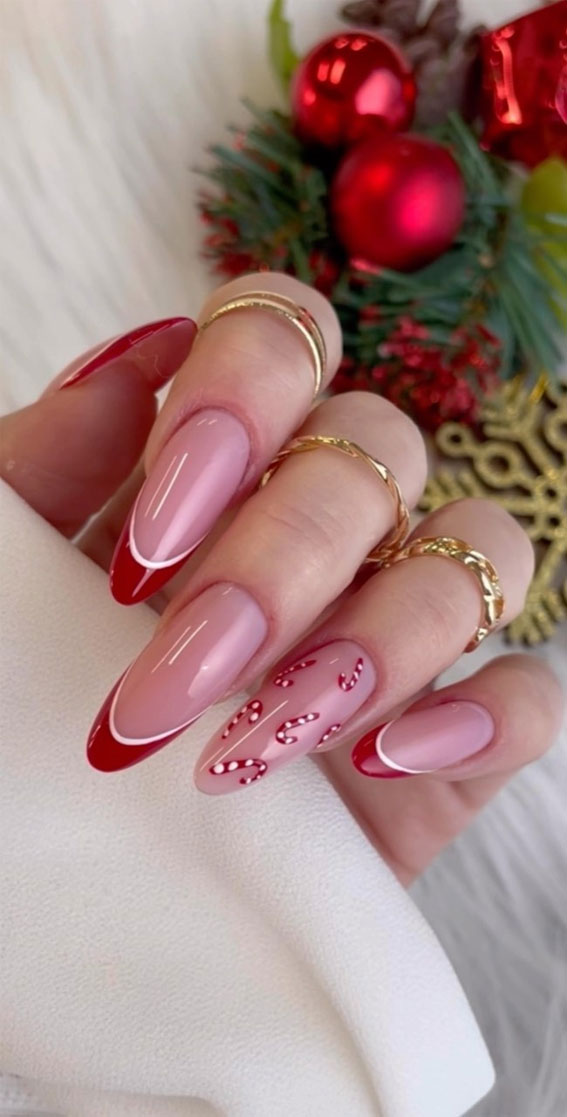 50+ Christmas & Holiday Nails For A Festive Look : Candy Cane + Red French Tip Nails