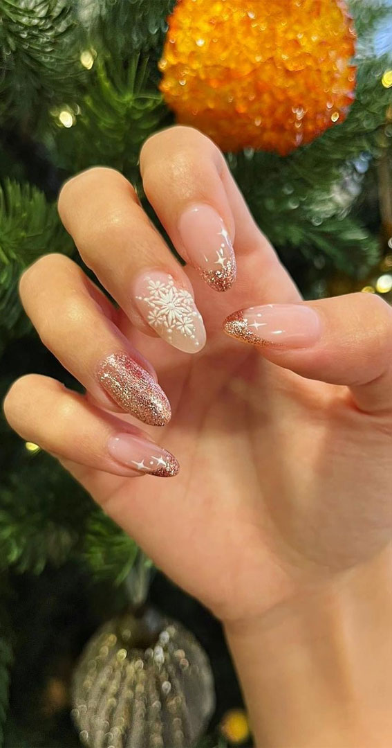 50+ Christmas & Holiday Nails For A Festive Look : Glitter + Textured Snowflake Sheer Nails