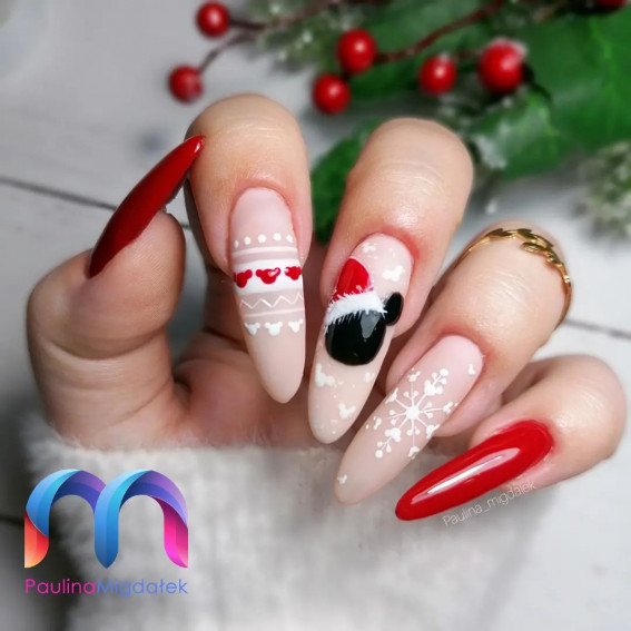 50+ Christmas & Holiday Nails For A Festive Look : Mickey Mouse + Red + Subtle Nails