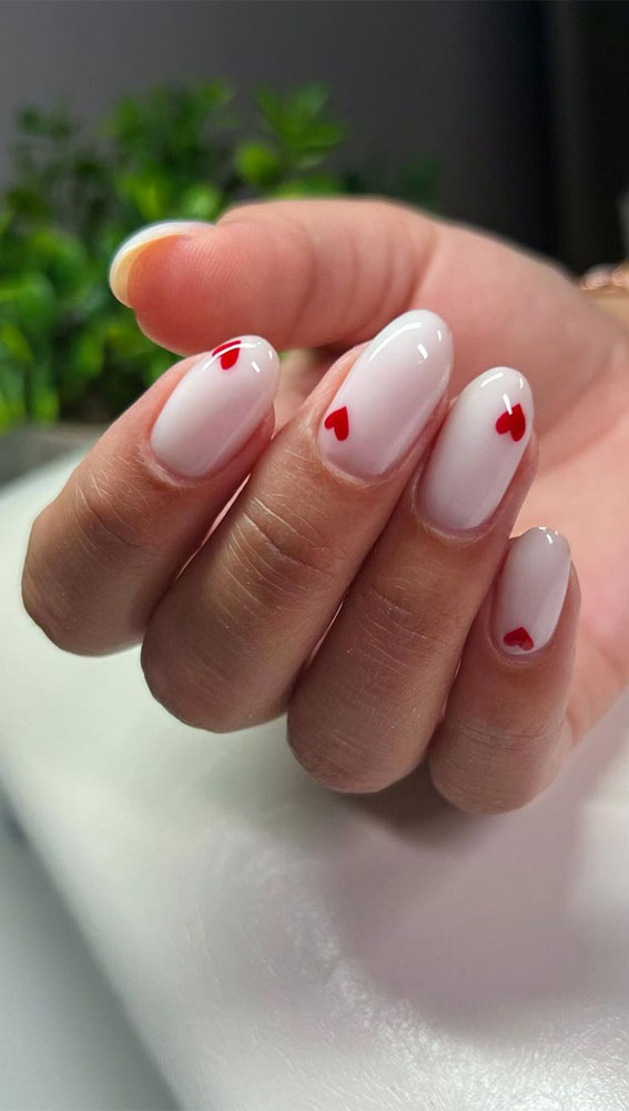 52 Valentine’s Day Nail Art Designs & Ideas 2023 : Milky White Nails with Tiny Red Heart