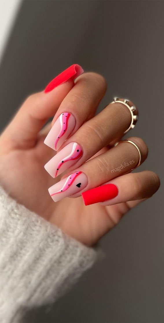 52 Valentine’s Day Nail Art Designs & Ideas 2023 : Pink & White Swirl Matte Nails