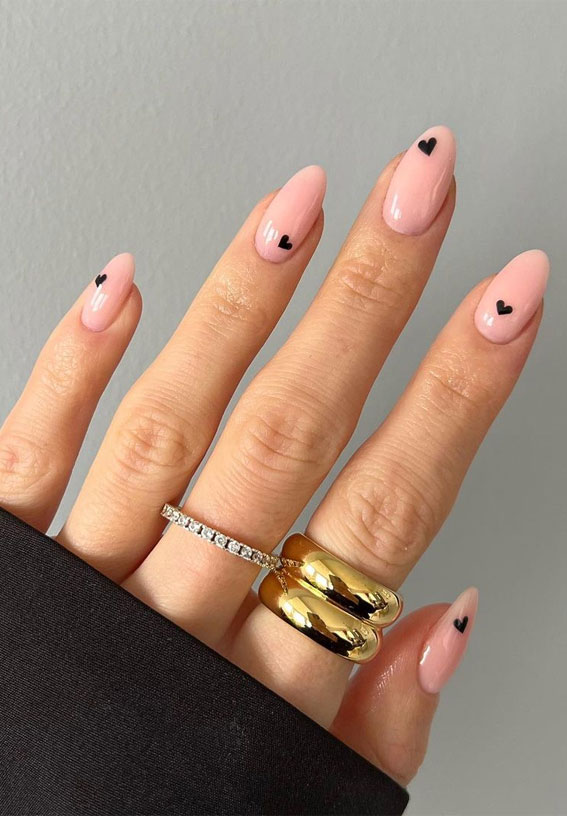 52 Valentine’s Day Nail Art Designs & Ideas 2023 : Tiny Black Heart Nude Pink Nails