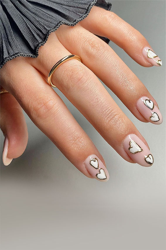 52 Valentine’s Day Nail Art Designs & Ideas 2023 : Gold Outline White Heart Nails