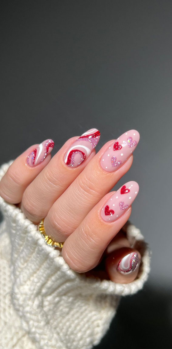 52 Valentine’s Day Nail Art Designs & Ideas 2023 : Glitter Swirl & Glitter Heart