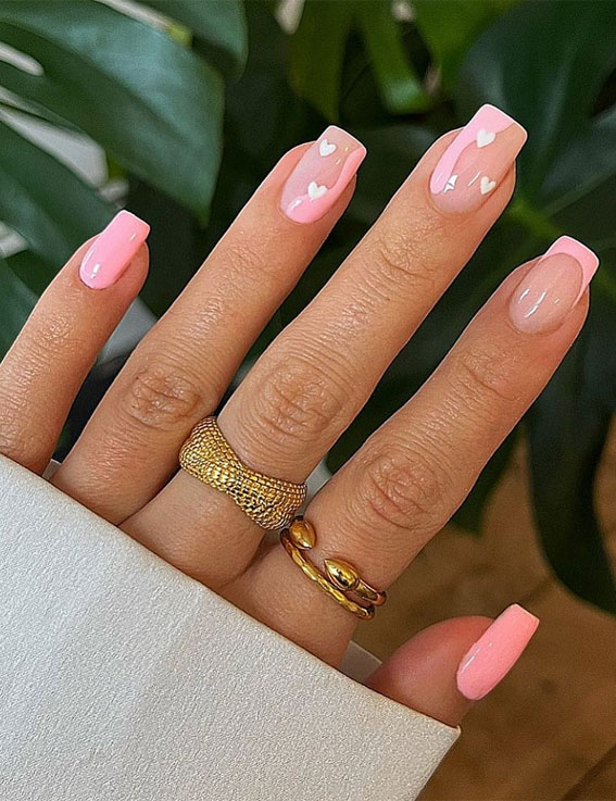 52 Valentine’s Day Nail Art Designs & Ideas 2023 : Pink Tips + White Hearts