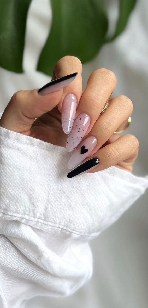 52 Valentine’s Day Nail Art Designs & Ideas 2023 : Sheer Almond Nails with Black Heart