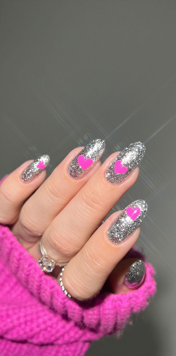 52 Valentine’s Day Nail Art Designs & Ideas 2023 : Glitter Nails with Pink Hearts