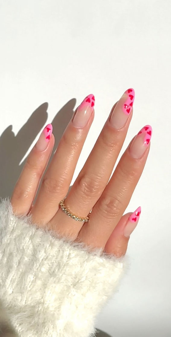 52 Valentine’s Day Nail Art Designs & Ideas 2023 : Abstract Pink Tips with Pink Hearts