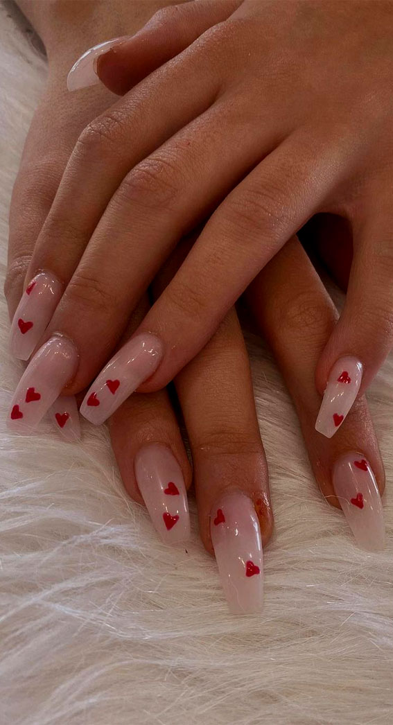 52 Valentine’s Day Nail Art Designs & Ideas 2023 : Ombre Nude Nails with Red Hearts