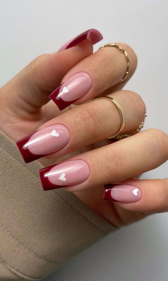 52 Valentine’s Day Nail Art Designs & Ideas 2023 : Deep Red French Tips with Hearts