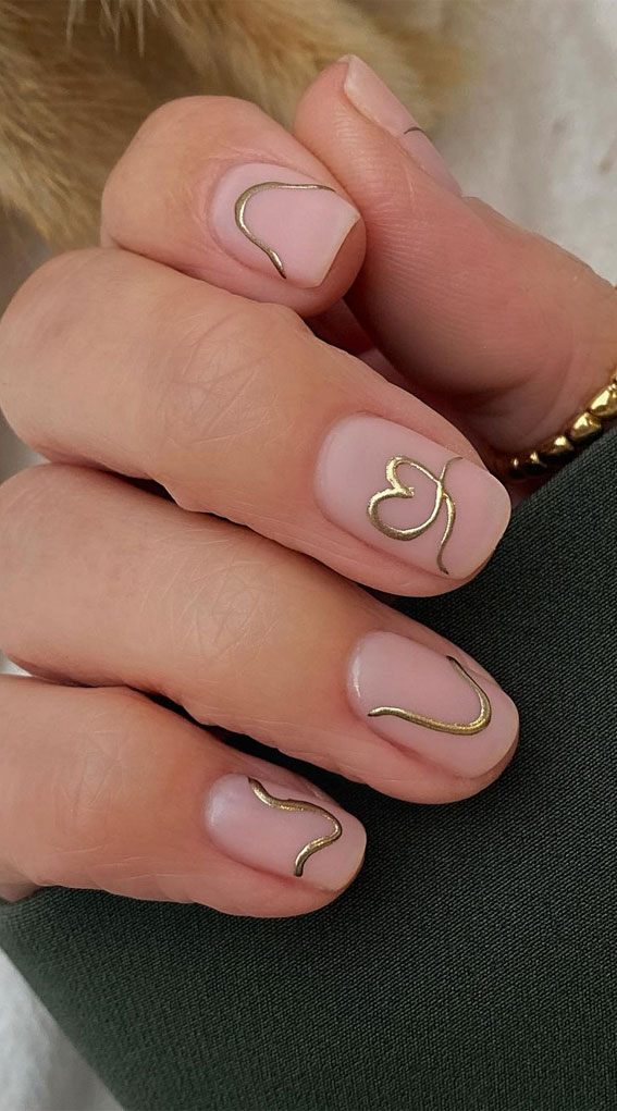 52 Valentine’s Day Nail Art Designs & Ideas 2023 : Heart Gold Lines