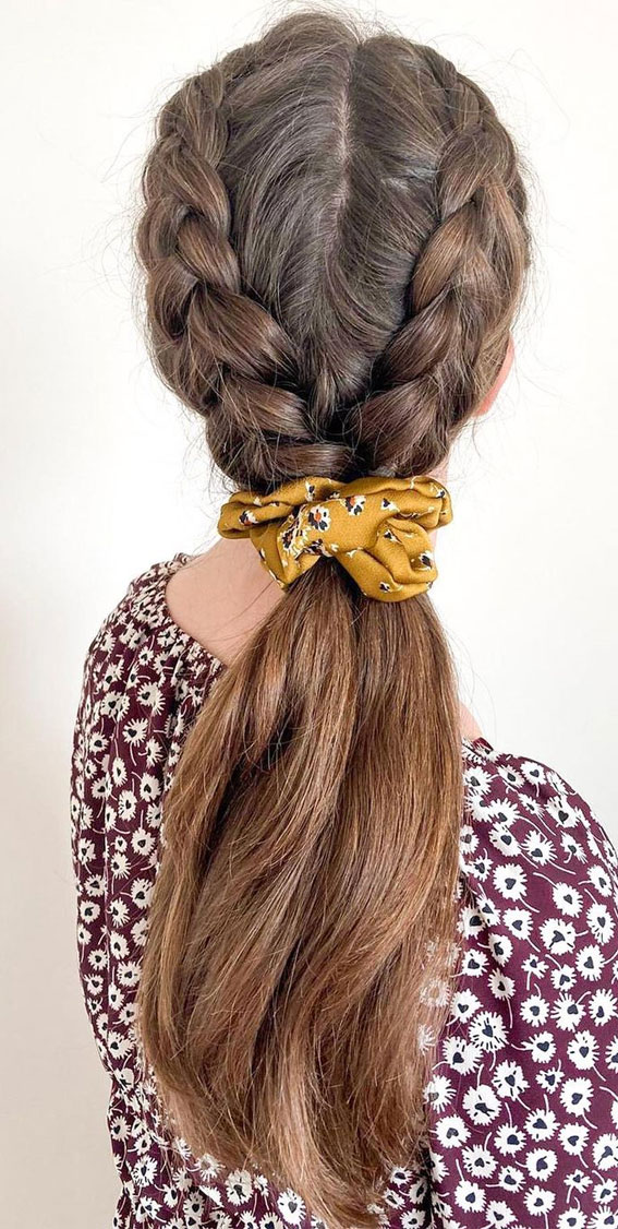 50+ Braided Hairstyles To Try Right Now : Big Scrunchies + Dutch Braids