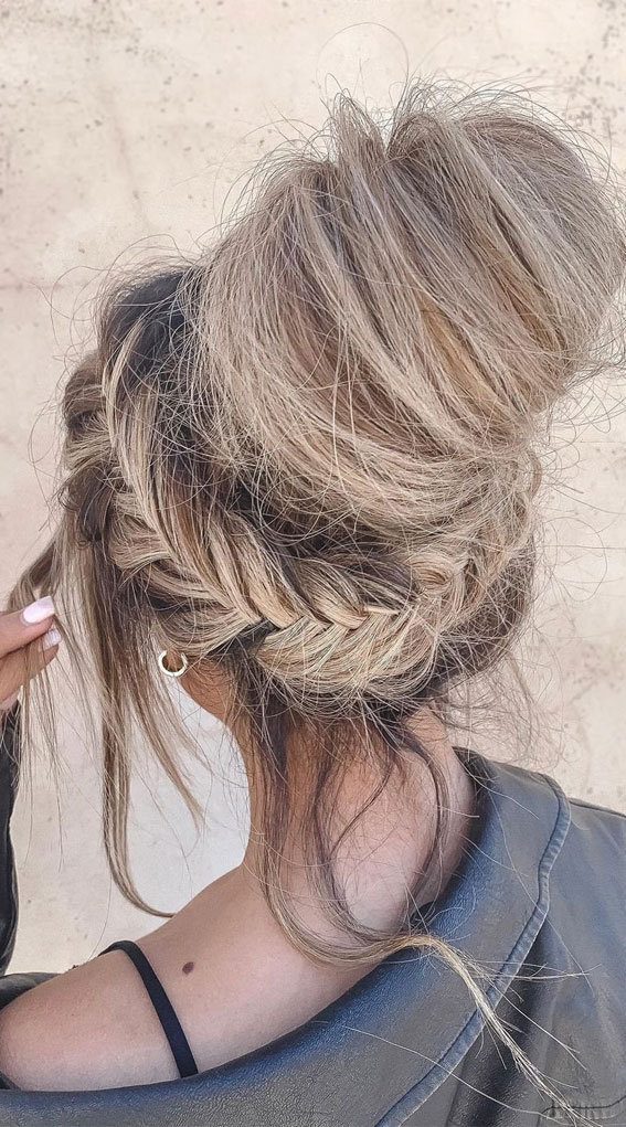 50+ Braided Hairstyles To Try Right Now : FishtailCrown Braid Messy High Bun