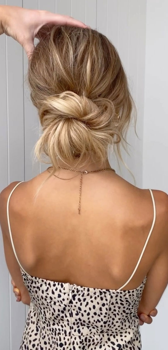 50+ Cute Hairstyles For Any Occasion : Messy Wrapped Low Bun