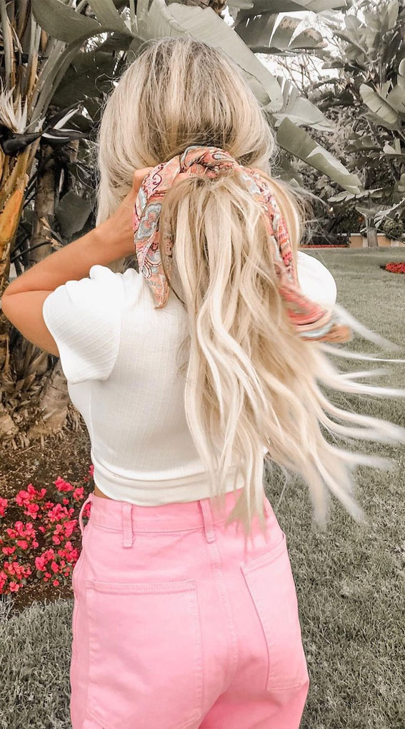 50+ Cute Hairstyles For Any Occasion : Textured Pony with a Pink Scarf