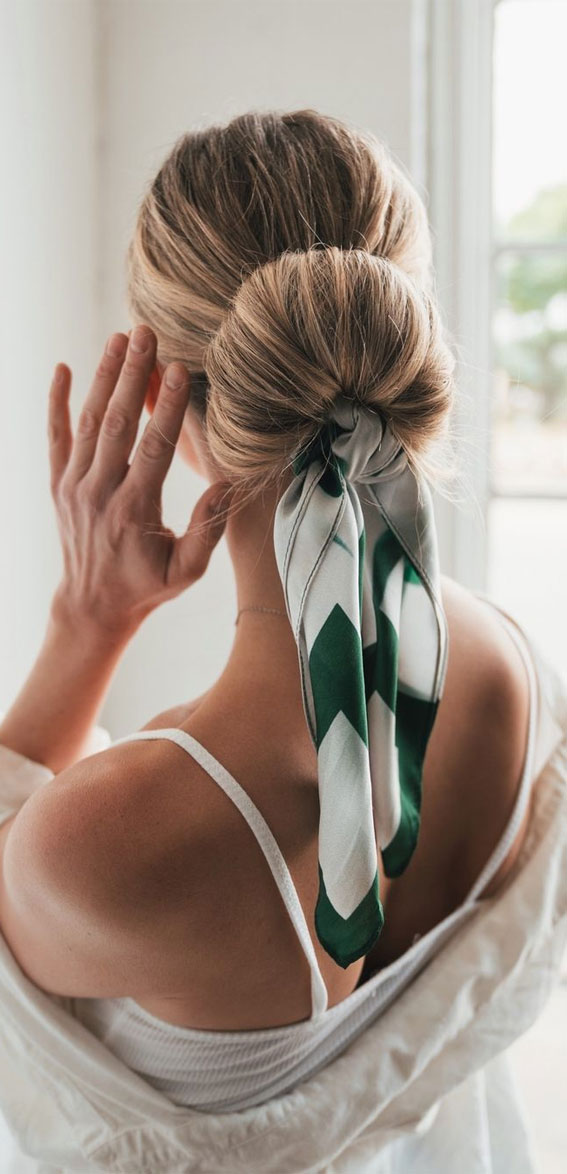 50+ Cute Hairstyles For Any Occasion : Sleek Low Bun with Scarf