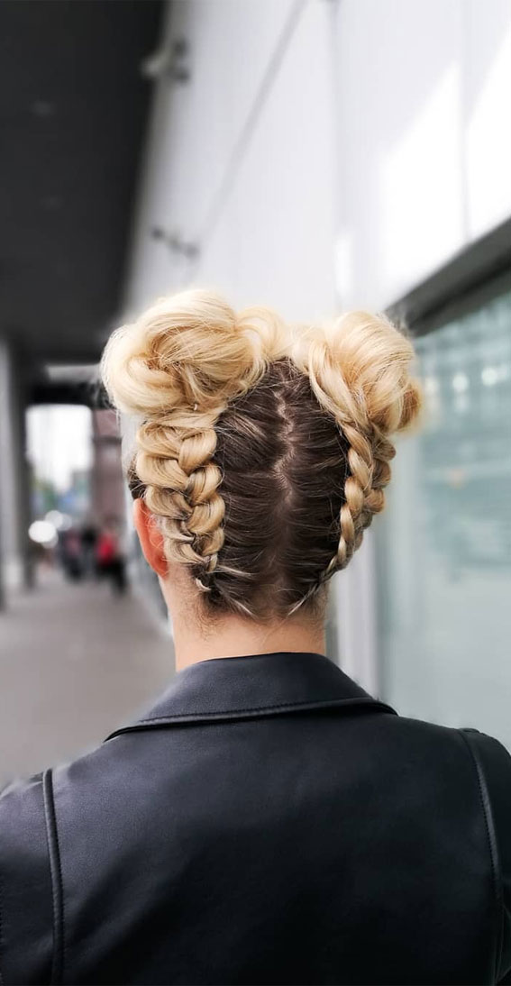 50+ Cute Hairstyles For Any Occasion : Upside Down Dutch Braid with Space Buns